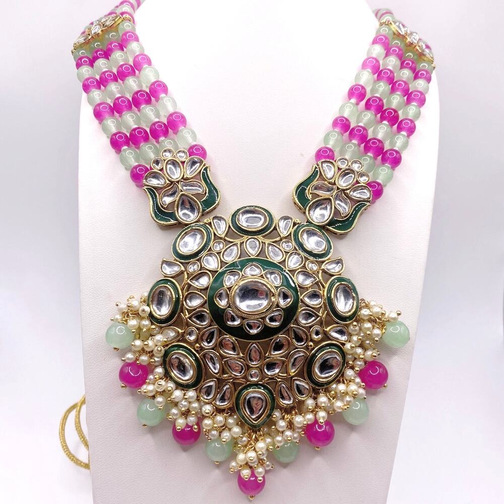 Kundan Pink And Green Adjustable Statement Necklace